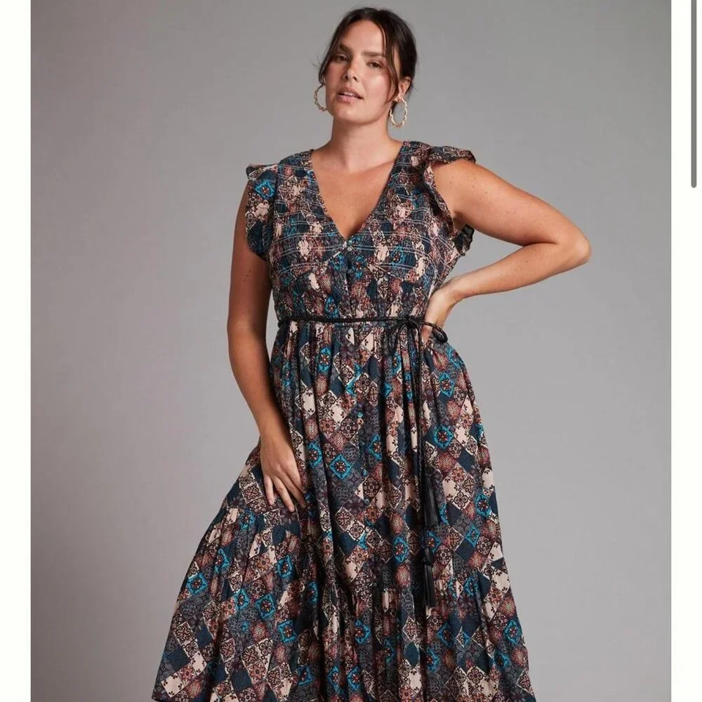 Anthropologie Smocked Ruffle Peregrine Midi Dress Turquoise Patch XL - Picture 1 of 14